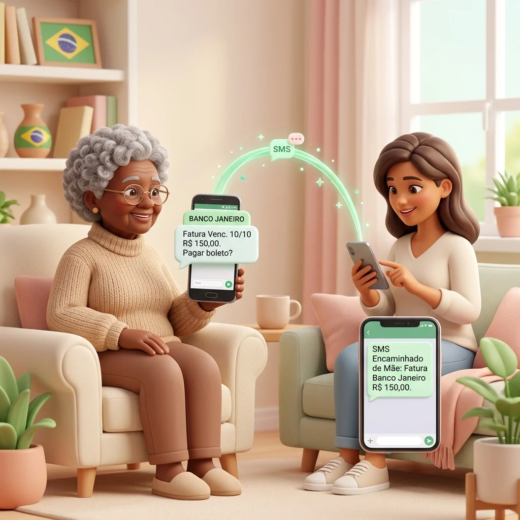 Encaminhamento automático de SMS financeiros entre celular dos pais e da filha