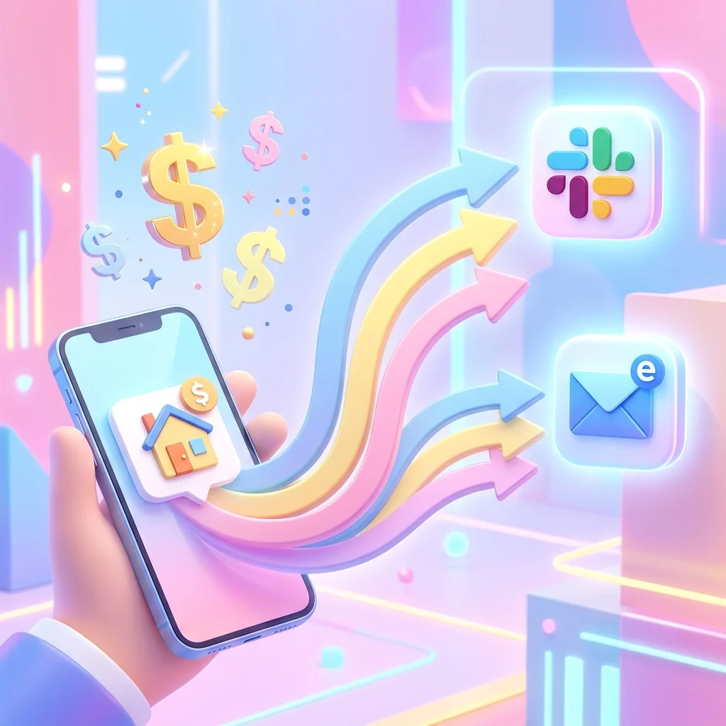 Illustration showing automated rent deposit SMS forwarding to team messaging apps and secondary smartphones