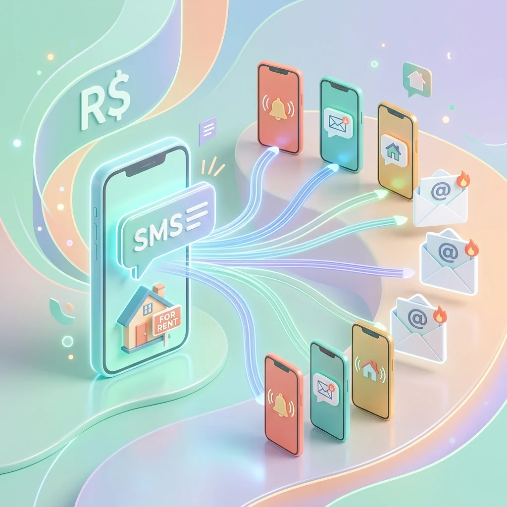 Ilustração do reencaminhamento automático de SMS de recebimento de aluguel para apps de mensagem