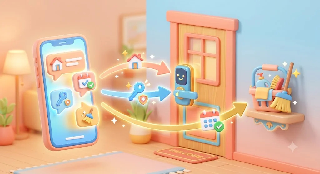 Ilustración del reenvío automático de SMS de reservas y códigos de cerradura digital al equipo de limpieza