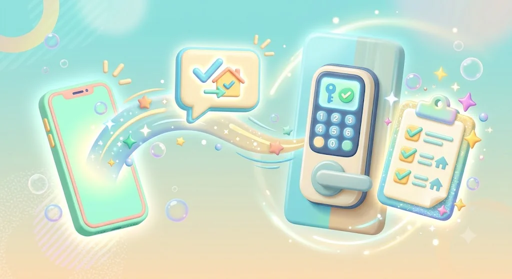 Ilustração do encaminhamento automático de SMS de reservas e senhas de fechadura digital para equipe de limpeza